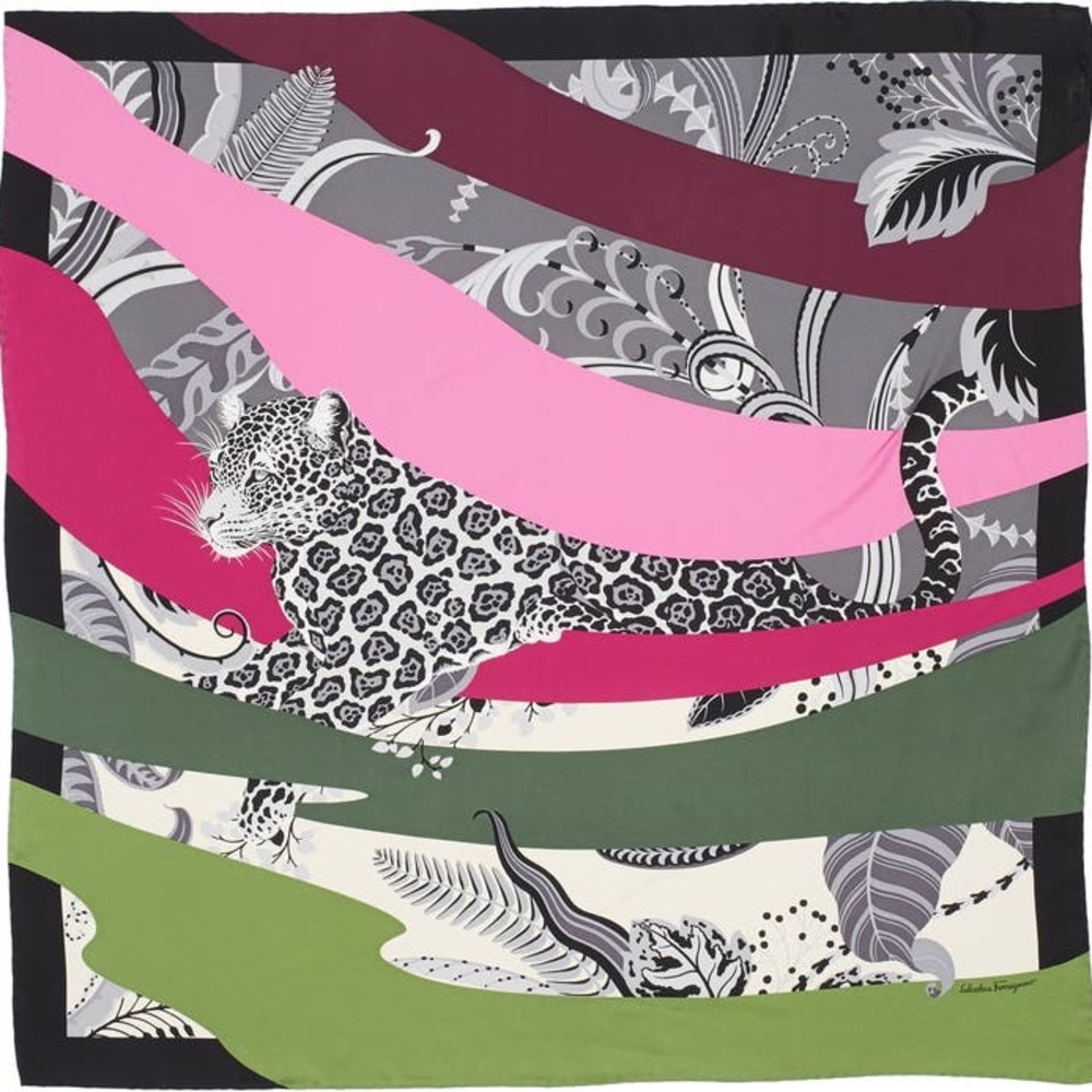 NWT Salvatore Ferragamo Cheetah Filigree Pattern Silk Scarf